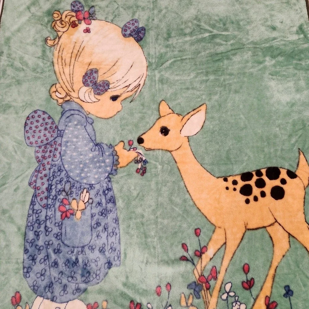 Precious Moments Vintage Blanket Girl‎ and Deer Green Thick Mink Plush 83x59